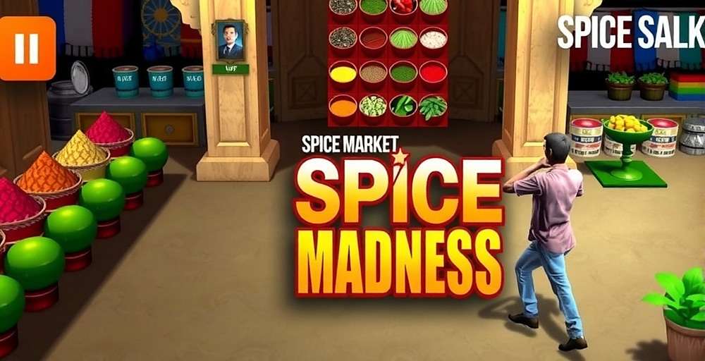 Spice Market Madness Main Gameplay Spice Market Madness gameplay showing a vibrant Indian market with various spice stalls and traders