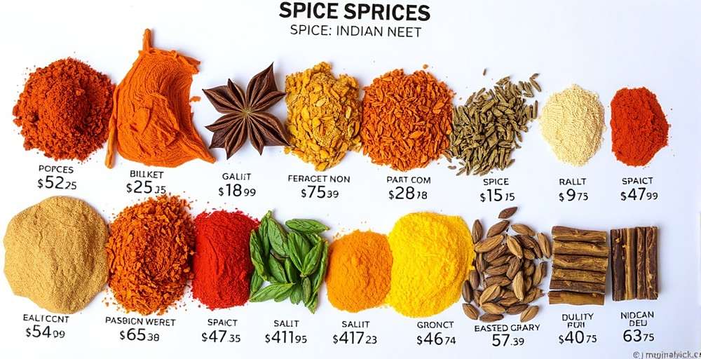 Spice Market Madness Spice Collection Spice Market Madness spice collection showing various Indian spices with their quality indicators and market values